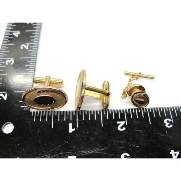 Anson Classic Oval Gold Tone Cufflinks & Tie Tack Set Tux Shirt Dress Suit Vtg - Picture 4 of 8
